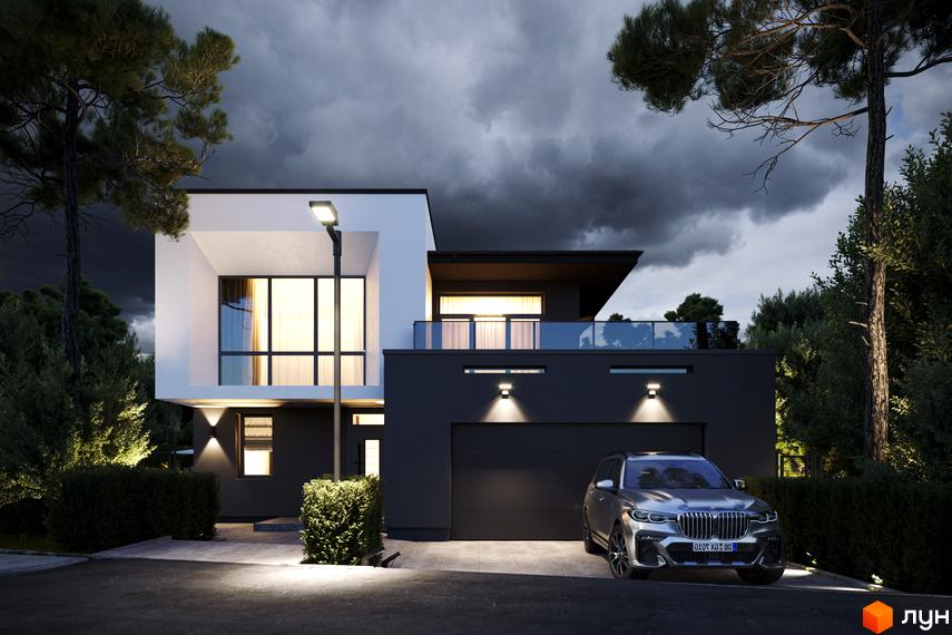 Зображення будинку IT Village з двома поверхами та гаражем. Перед будинком припаркований автомобіль, навколо зелені насадження.