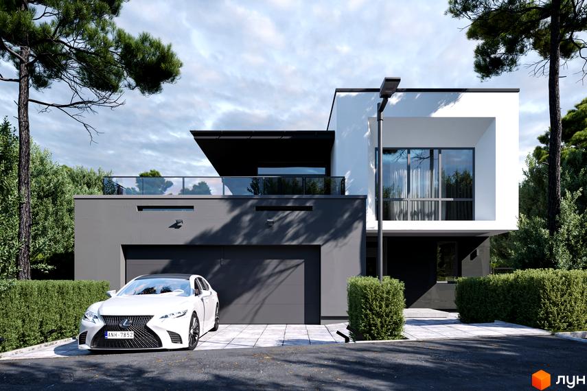 Сучасний двоповерховий будинок з великими вікнами та балконом, оточений зеленню та доглянутим газоном. Перед будинком стоїть білий автомобіль.