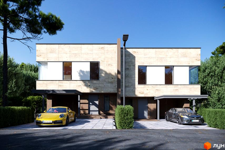 Два сучасних будинки з кам'яним оздобленням та великими вікнами, перед якими припарковані два автомобілі та доглянутий газон.