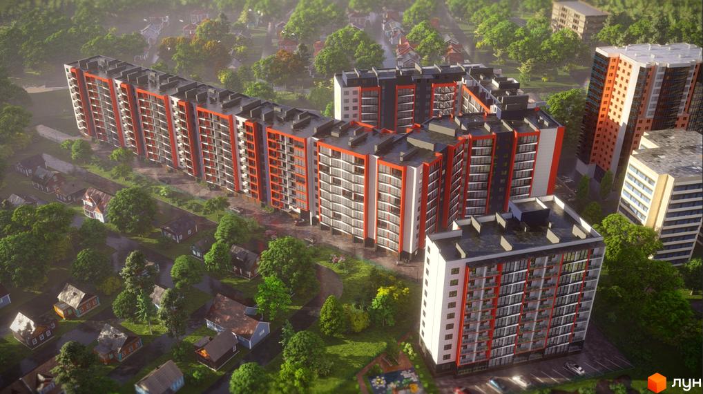 Високоповерховий будинок ЖК Dream Park з яскравим фасадом, розташований серед зелених насаджень та малоповерхової забудови.