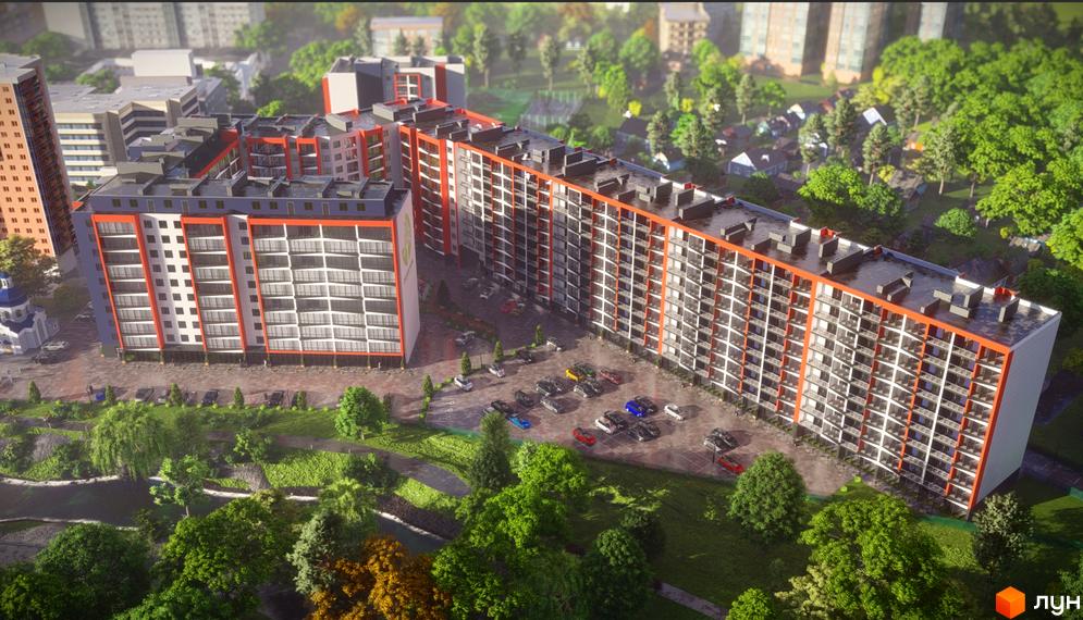 Зображення Житлового комплексу Dream Park з висоти пташиного польоту. На фото будівля та прибудинкова територія з деревами.