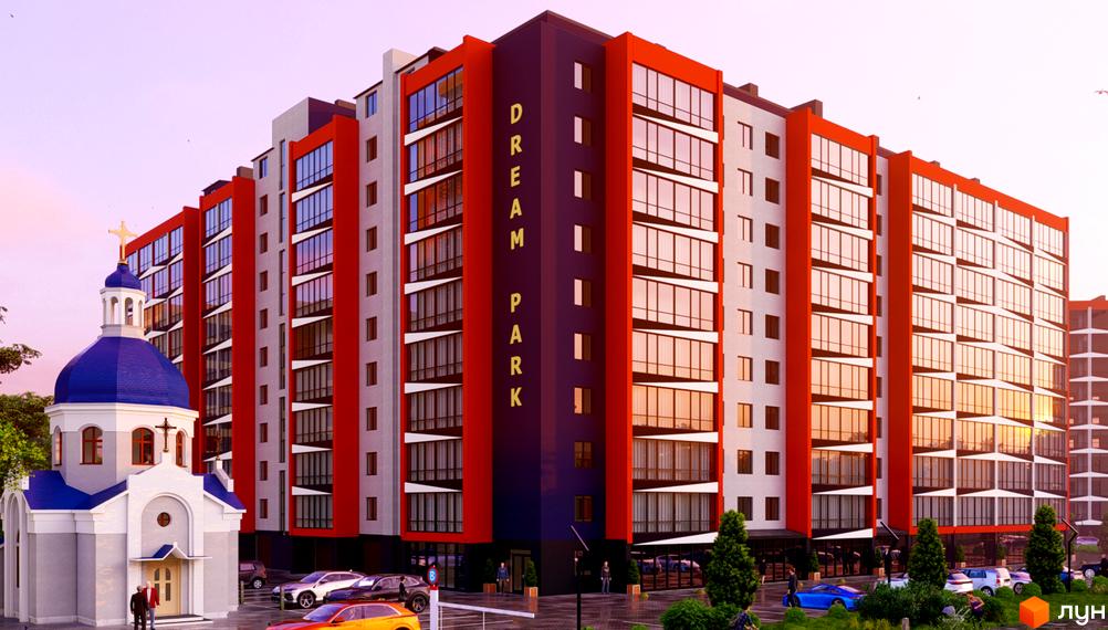 Зображення фасаду та прибудинкової території Комплексу Dream Park. Багатоповерховий будинок з великими вікнами та парковкою.