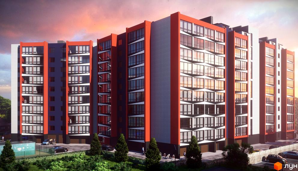 Висотна будівля з червоними та сірими фасадами, великими вікнами та балконами. На прибудинковій території є дерева, парковка та автомобілі.
