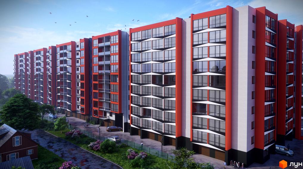 Високі будинки ЖК Dream Park з панорамними вікнами та червоними фасадами. На території комплексу є зелені насадження та місця для паркування.
