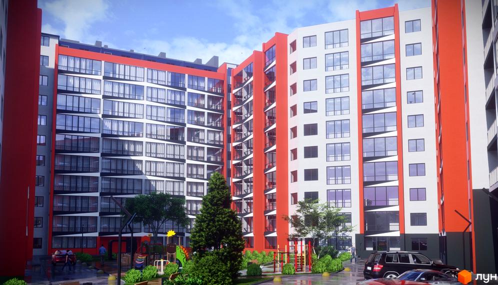 Висотна новобудова Dream Park з яскравим фасадом, великими вікнами та облаштованою прибудинковою територією з дитячим майданчиком та парковкою.