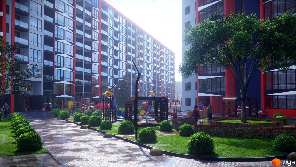 Багатоповерховий будинок ЖК Dream Park з панорамними вікнами. На території дитячий майданчик, зелені насадження та доріжки для прогулянок.