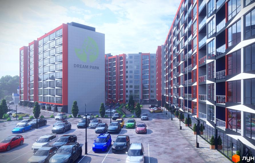Високі будинки житлового комплексу Dream Park з великими вікнами та парковкою перед будівлями. На території є автомобілі різних кольорів.