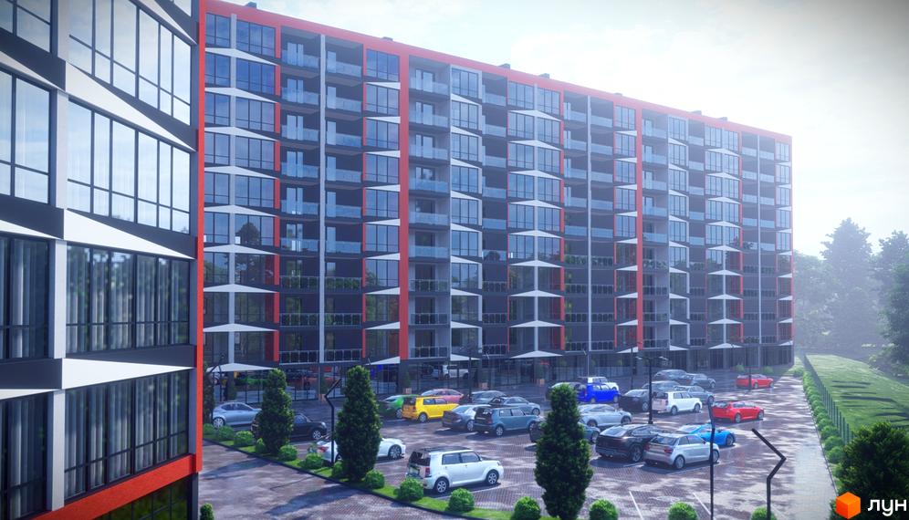 Зображення фасаду багатоповерхового будинку в Житловому районі Dream Park. На передньому плані парковка з автомобілями.