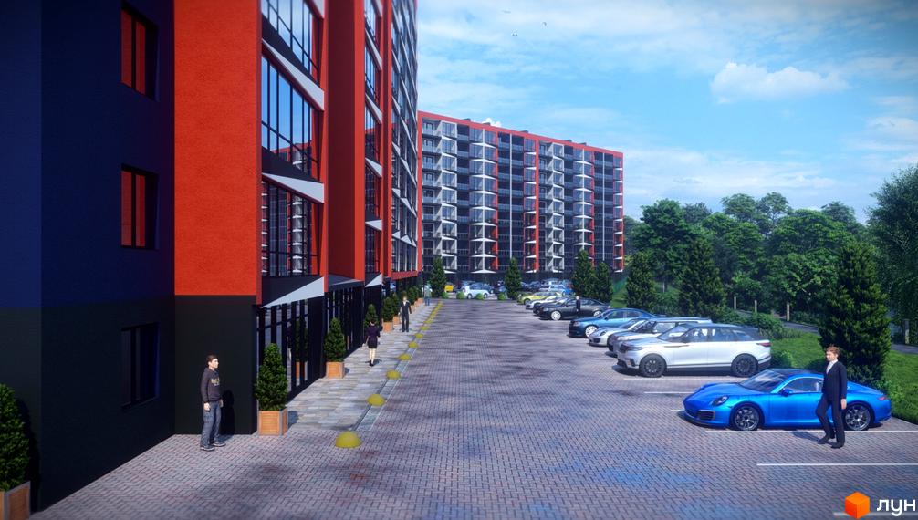 Зображення фасаду та прибудинкової території Житлового комплексу Dream Park. На передньому плані припарковані автомобілі.