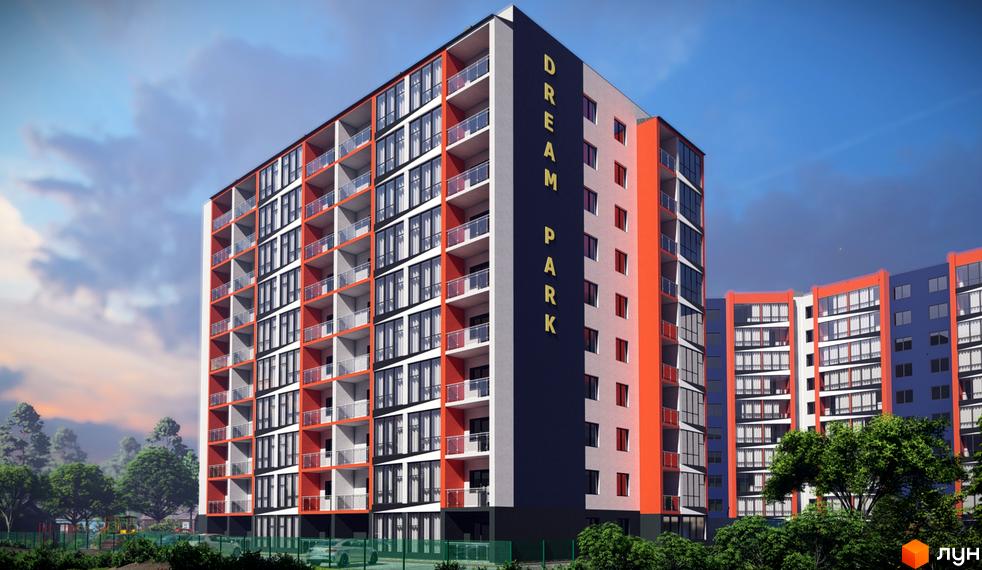 Висотна будівля ЖК Dream Park з яскравим фасадом та скляними балконами. На території комплексу є зелені насадження та парковка.