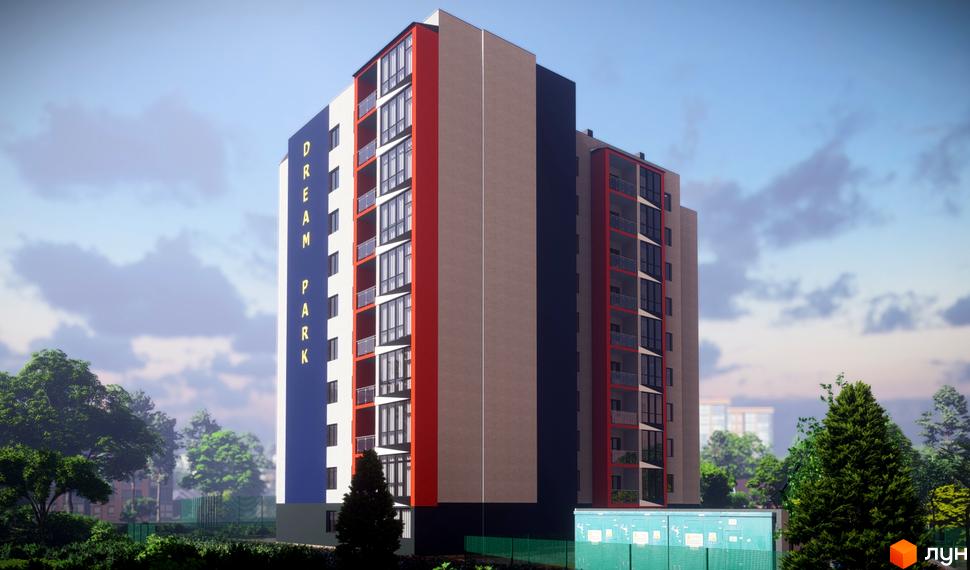 Багатоповерховий будинок ЖК Dream Park з фасадом у синіх, червоних та коричневих кольорах. Поруч зелені дерева та кущі, блакитне небо.