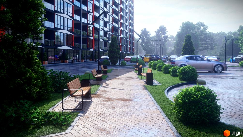Зображення фасаду Новобудови Dream Park та прибудинкової території з лавками і зеленими насадженнями.