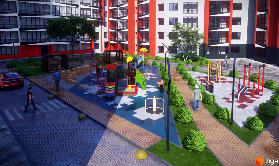 Житловий комплекс Dream Park з яскравими червоними акцентами на фасаді. На території комплексу дитячий майданчик та зелені насадження.