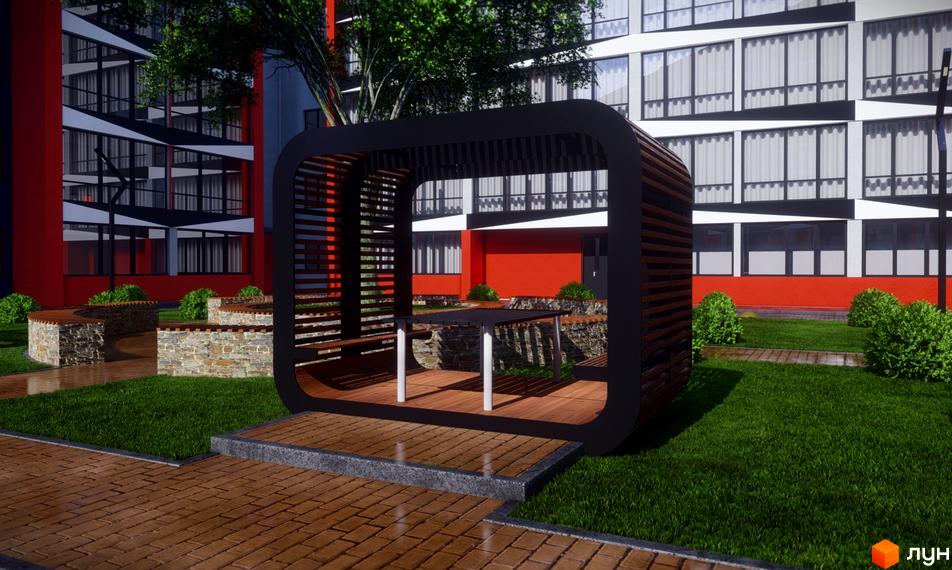 Зображення сторінки житлового комплексу Dream Park. На фото видно будівлю з великими вікнами та прибудинкову територію з альтанкою та газоном.