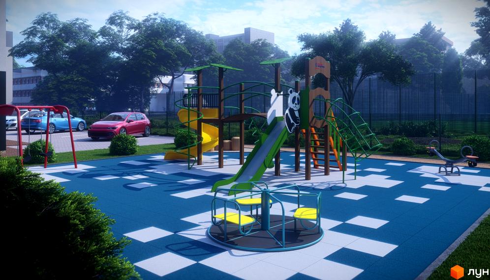 Зображення дитячого майданчика з гірками та гойдалками на території Житлового комплексу Dream Park.