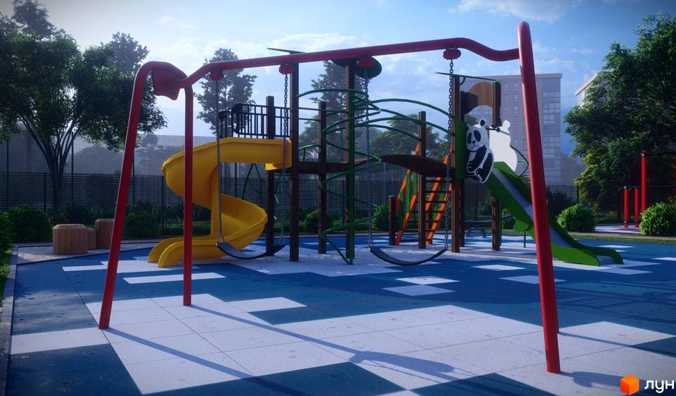 Майданчик для ігор з гірками та гойдалками на території Житлового комплексу Dream Park. На задньому фоні видно багатоповерховий будинок.