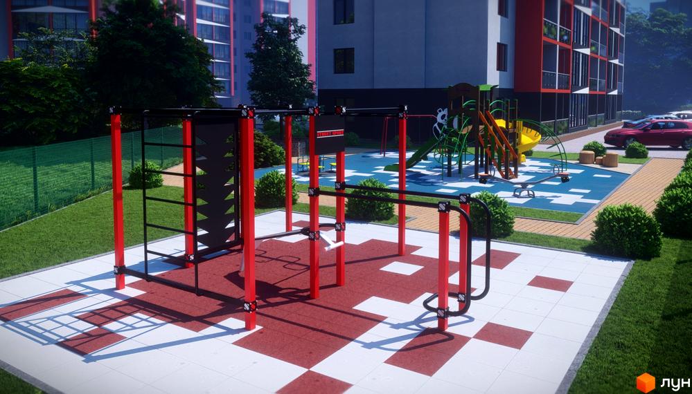 Житловий комплекс Dream Park з червоно-білим фасадом та дитячим майданчиком у дворі. Зображення ігрового майданчика та спортивного комплексу.