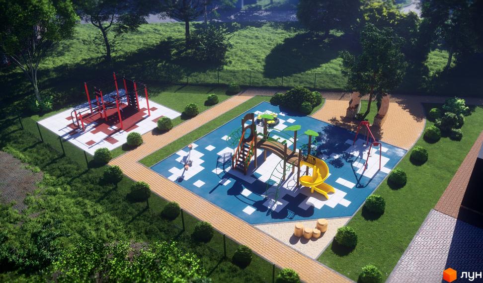 Огляд території ЖК Dream Park: дитячий майданчик з гіркою та спортивний майданчик з тренажерами, зелені насадження.