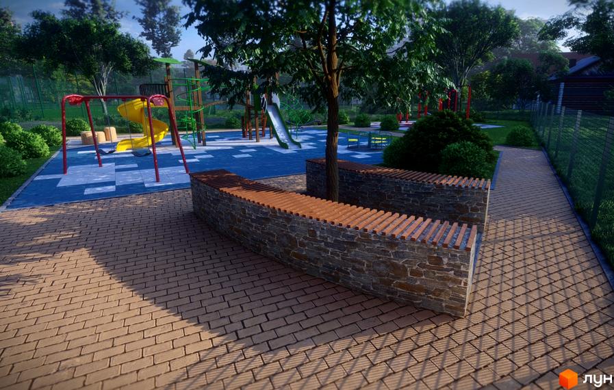 Зображення дитячого майданчика біля Житлового комплексу Dream Park з гіркою, гойдалками та лавкою навколо дерева.