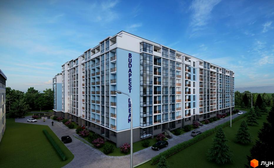 Житловий комплекс Budapest Dream з фасадом світлих тонів. На території комплексу є озеленення, парковка та алеї для прогулянок.