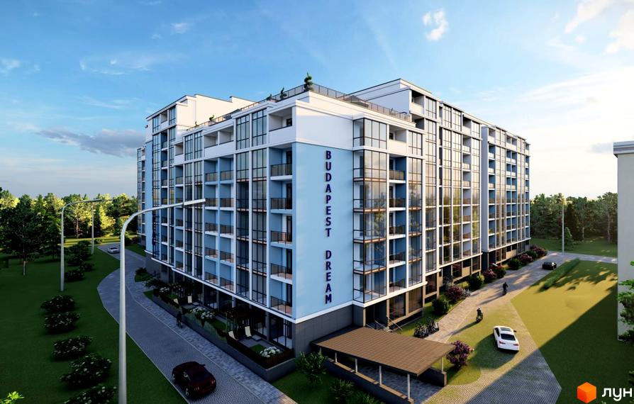 Фасад Житлового комплексу Budapest Dream виконаний у світло-блакитних та білих тонах з великими вікнами. Прибудинкова територія має зелені газони та дорогу.
