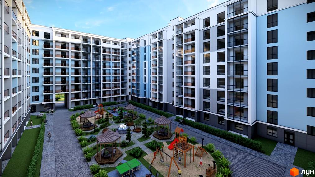 Житловий комплекс Budapest Dream з багатоповерховими будинками світлих відтінків та внутрішнім двором з дитячим майданчиком і зонами відпочинку.