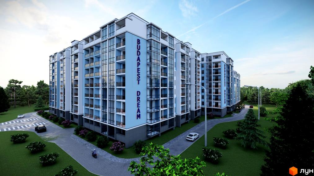 Житловий комплекс Budapest Dream з фасадом блакитного кольору. На прибудинковій території є зелені насадження, парковка та дорога.
