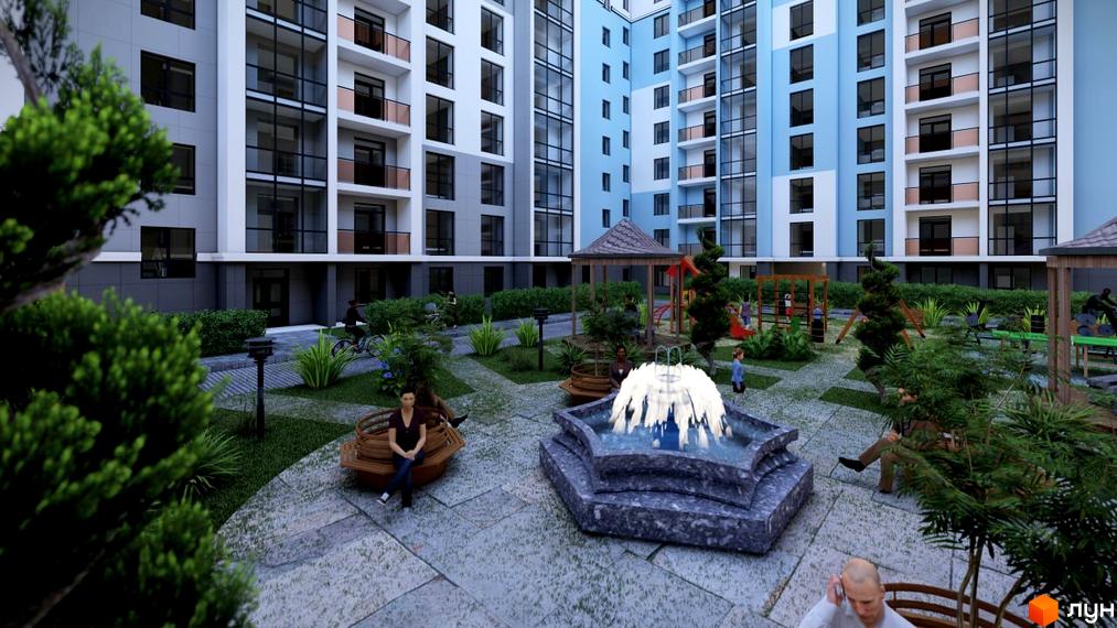 Житловий комплекс Budapest Dream має багатоповерхові будинки зі світлими фасадами та облаштований двір з фонтаном і дитячим майданчиком.