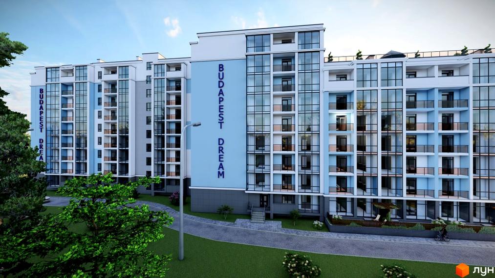 Житловий комплекс Budapest Dream з великими панорамними вікнами та балконами. На території комплексу зелені насадження, газон та доріжки для прогулянок.