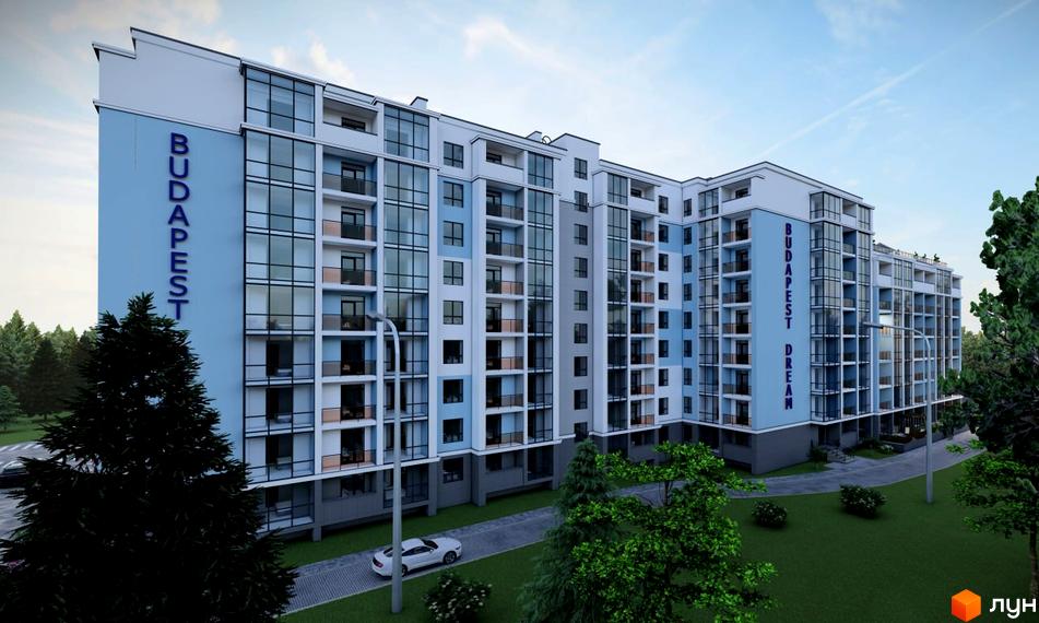 Житловий комплекс Budapest Dream – багатосекційна будівля світло-блакитного та білого кольорів з великими вікнами. Навколо комплексу зелені насадження та доріжки.