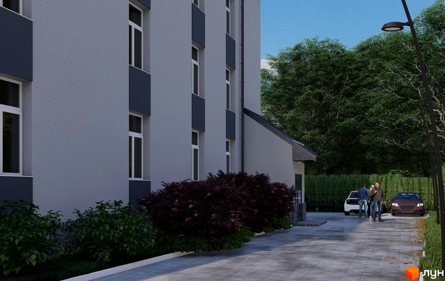 Зовнішній вигляд будівлі Клубний будинок „Софія 2“ з фасадом сірого кольору, вікнами та прибудинковою територією з рослинами та автомобілями.