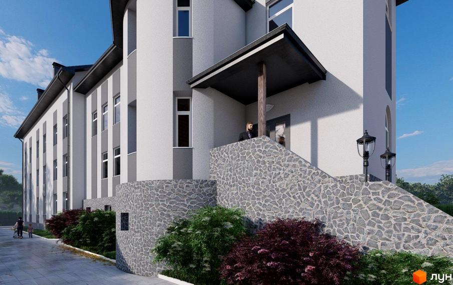 Зовнішній вигляд будинку Клубний будинок „Софія 2“ з кам'яною обробкою та зеленими насадженнями. На території розташовані ліхтарі та доріжки.