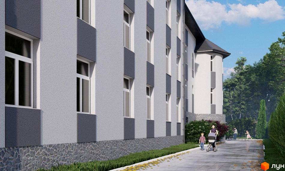 Зовнішній вигляд будинку Клубний будинок „Софія 2“ з фасадом світлих тонів та темними вставками. На території комплексу доглянуті алеї та зелені насадження.