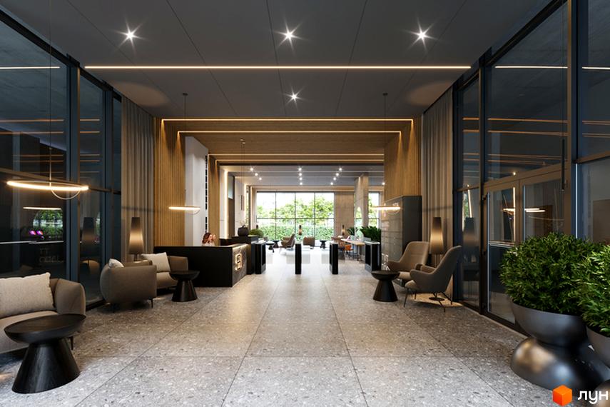 Інтер'єр лобі Житлового комплексу Standard One Obolon з зоною відпочинку та рецепцією. Вигляд на внутрішній двір з озелененням.