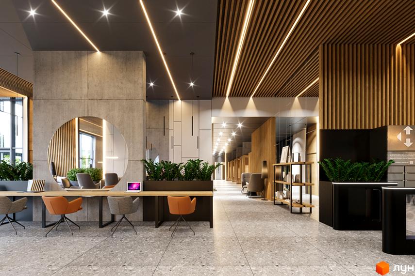 Інтер'єр вхідної групи Житлового комплексу Standard One Obolon з місцями для відпочинку та озелененням.