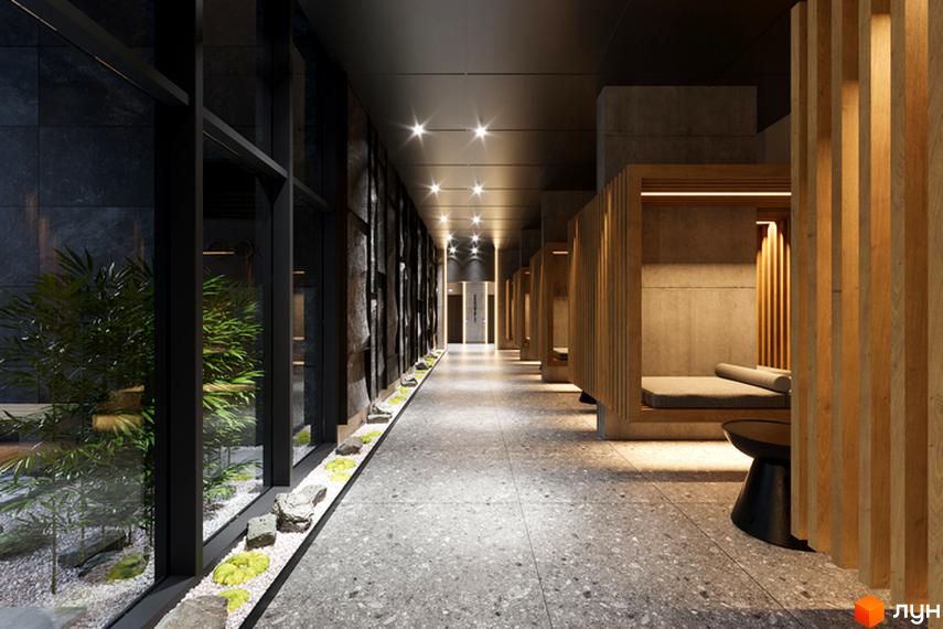 Інтер'єр Житлового комплексу Standard One Obolon з кімнатами для відпочинку та рослинами вздовж вікон, плитка на підлозі.