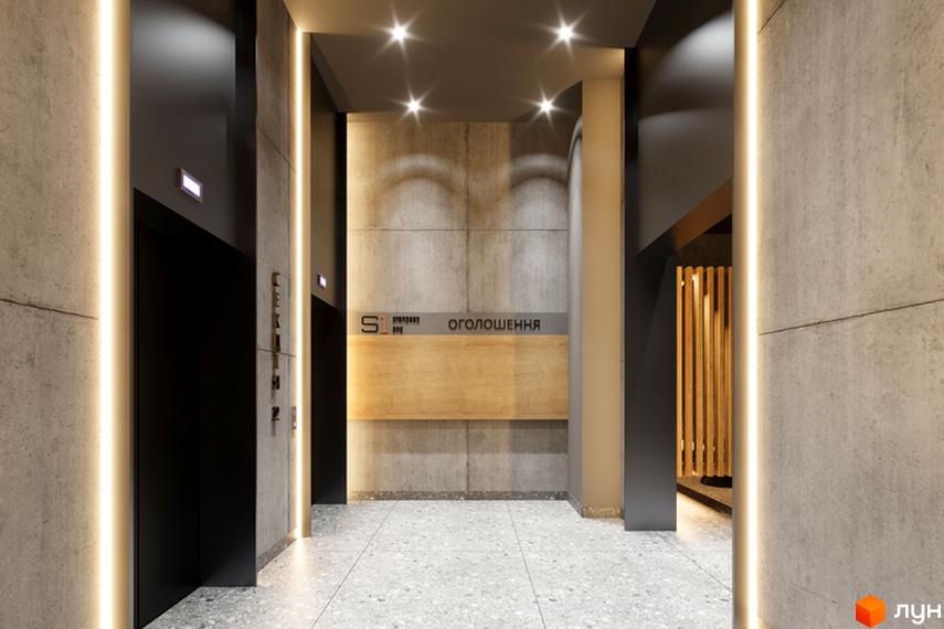 Інтер'єр холу з ліфтами в Житловому комплексі Standard One Obolon. Оздоблення стін бетоном та деревом.