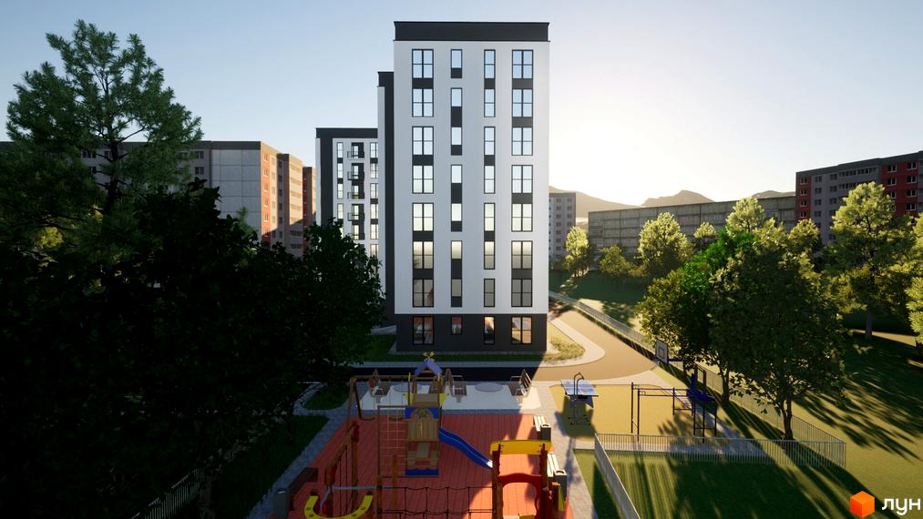 Зображення Житлового комплексу Комфорт-Сіті з багатоповерховими будинками та дитячим майданчиком на прибудинковій території.