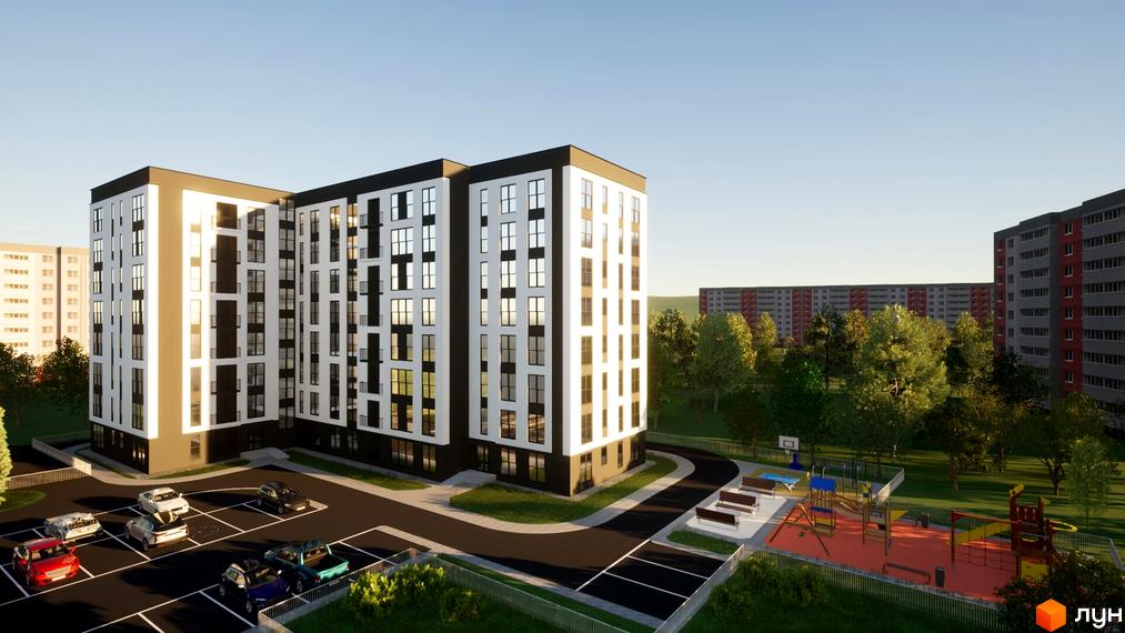 Зображення фасаду та прибудинкової території ЖК Comfort-City. На території є парковка, дитячий майданчик та зелені насадження.