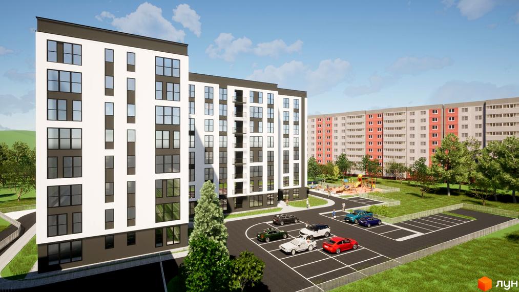 Зображення фасаду Новобудови Комфорт-Сіті та прибудинкової території з парковкою, дитячим майданчиком і зеленими насадженнями.