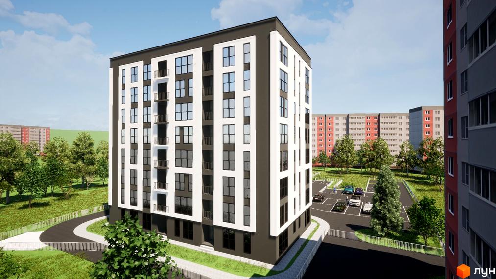 Зображення фасаду Новобудови Комфорт-Сіті та прибудинкової території з паркінгом і зеленими насадженнями.