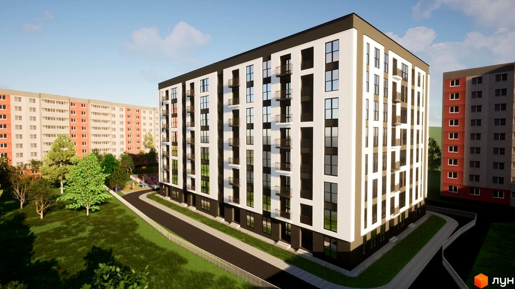 Зображення фасаду та прибудинкової території Житлового комплексу Комфорт-Сіті. Вигляд новобудови ззовні та зелена зона навколо.