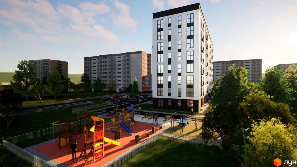 Житловий комплекс Комфорт-Сіті з білою фасадною частиною та чорними вікнами, дитячим майданчиком та зеленими насадженнями.