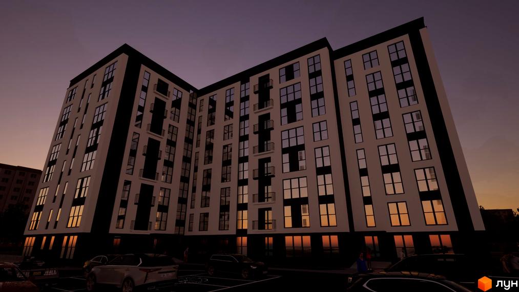 Новобудова Комфорт-Сіті з великою кількістю вікон та балконів на тлі вечірнього неба. Перед будинком розташована парковка з автомобілями.