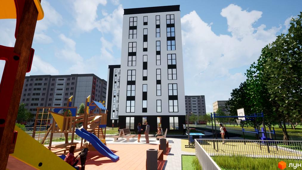 Зображення фасаду та прибудинкової території Житлового комплексу Комфорт-Сіті. На території є дитячий майданчик та місця для відпочинку.