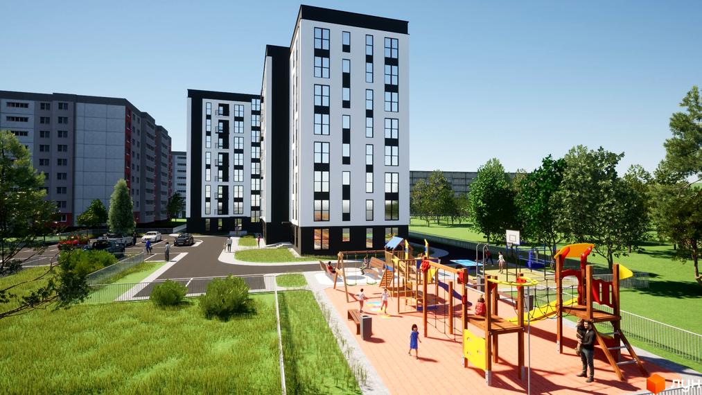 Зображення Житлового комплексу Comfort-City з багатоповерховими будинками та дитячим майданчиком. Вигляд новобудови та прилеглої території.