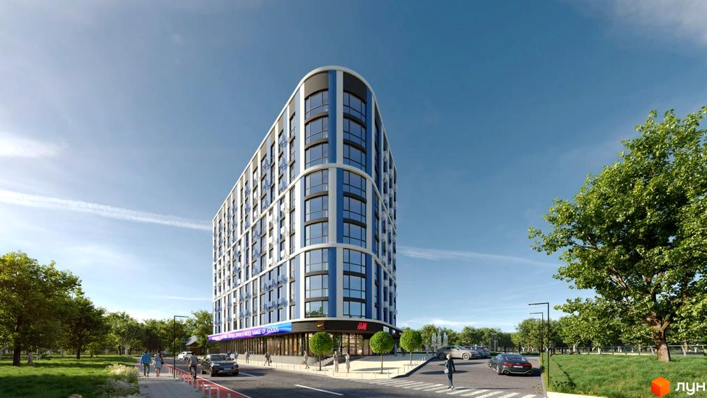 Зовнішній вигляд житлового комплексу Рів'єра з вигнутим фасадом та великими вікнами. Навколо будинку зелена зона з деревами та тротуаром.