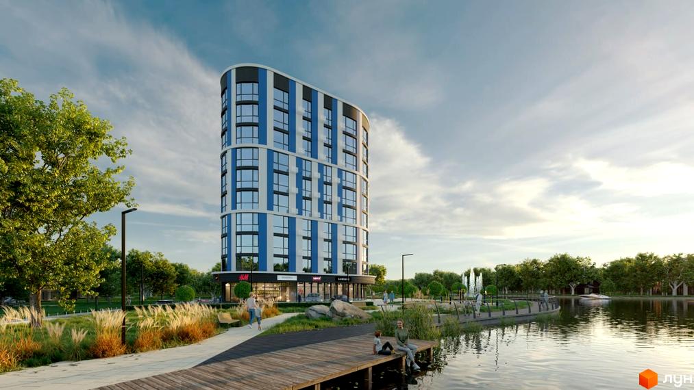 Житловий комплекс Рів'єра: висотна будівля з блакитними та білими вертикальними смугами, розташована біля озера з дерев'яною набережною та зеленими зонами.