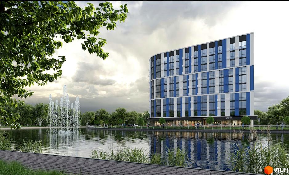 Житловий комплекс Рів'єра - це новобудова з вигнутим фасадом, оздобленим синіми та білими смугами. Перед будинком розташоване озеро з фонтаном та зелена зона.