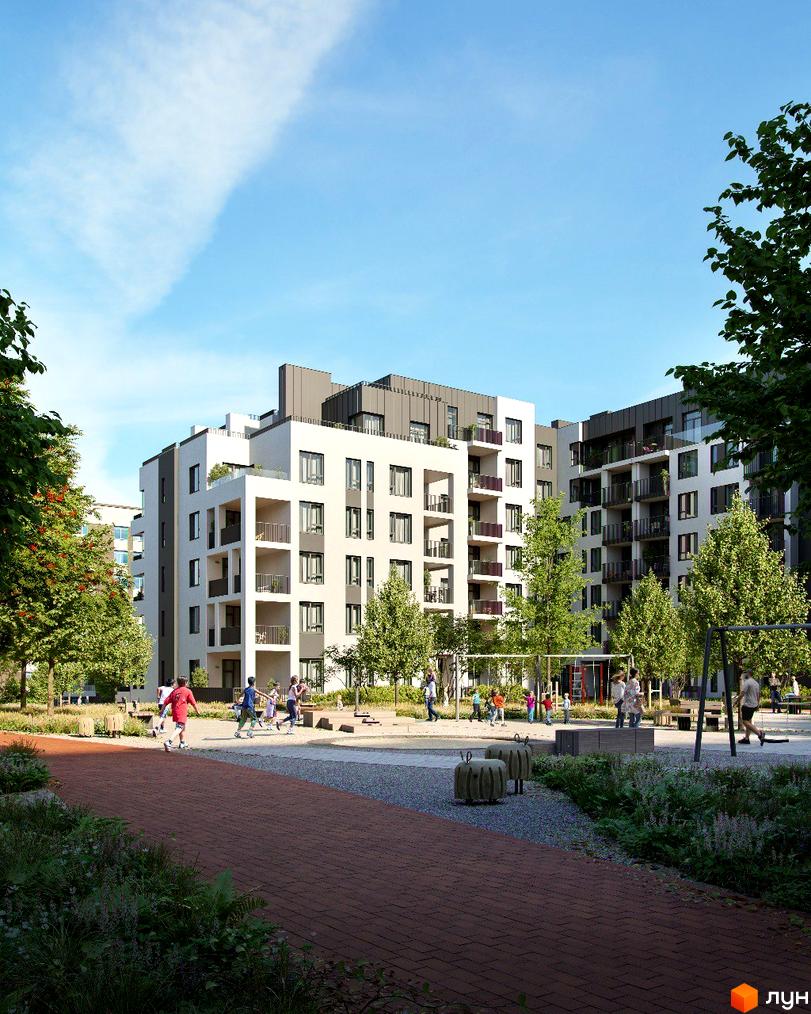 Житловий комплекс Empatika з біло-сірими фасадами, балконами та дитячим майданчиком з гойдалками та пісочницею.